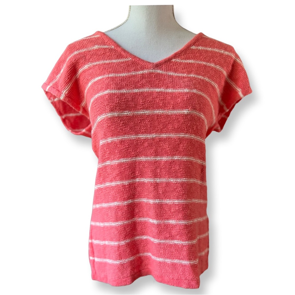 LOFT Coral & White Striped v Neck Thin Knit Summer Sweater Sz XS.